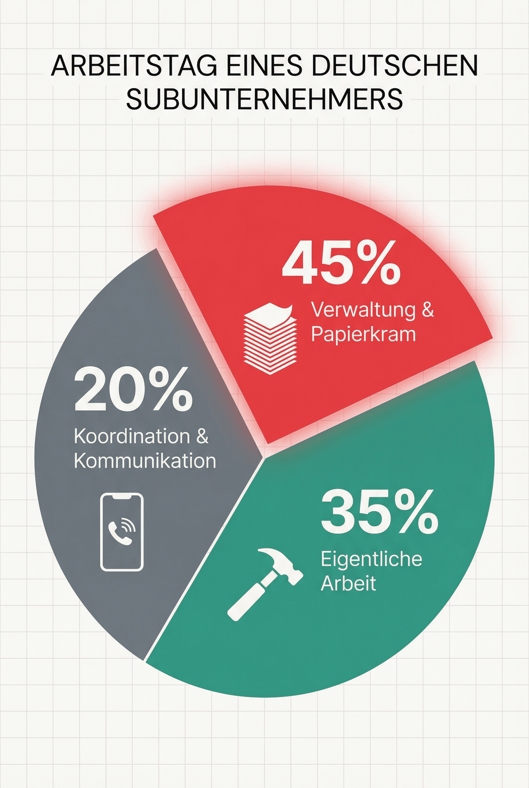 Kreisdiagramm: 45% Verwaltung, 35% Eigentliche Arbeit, 20% Koordination