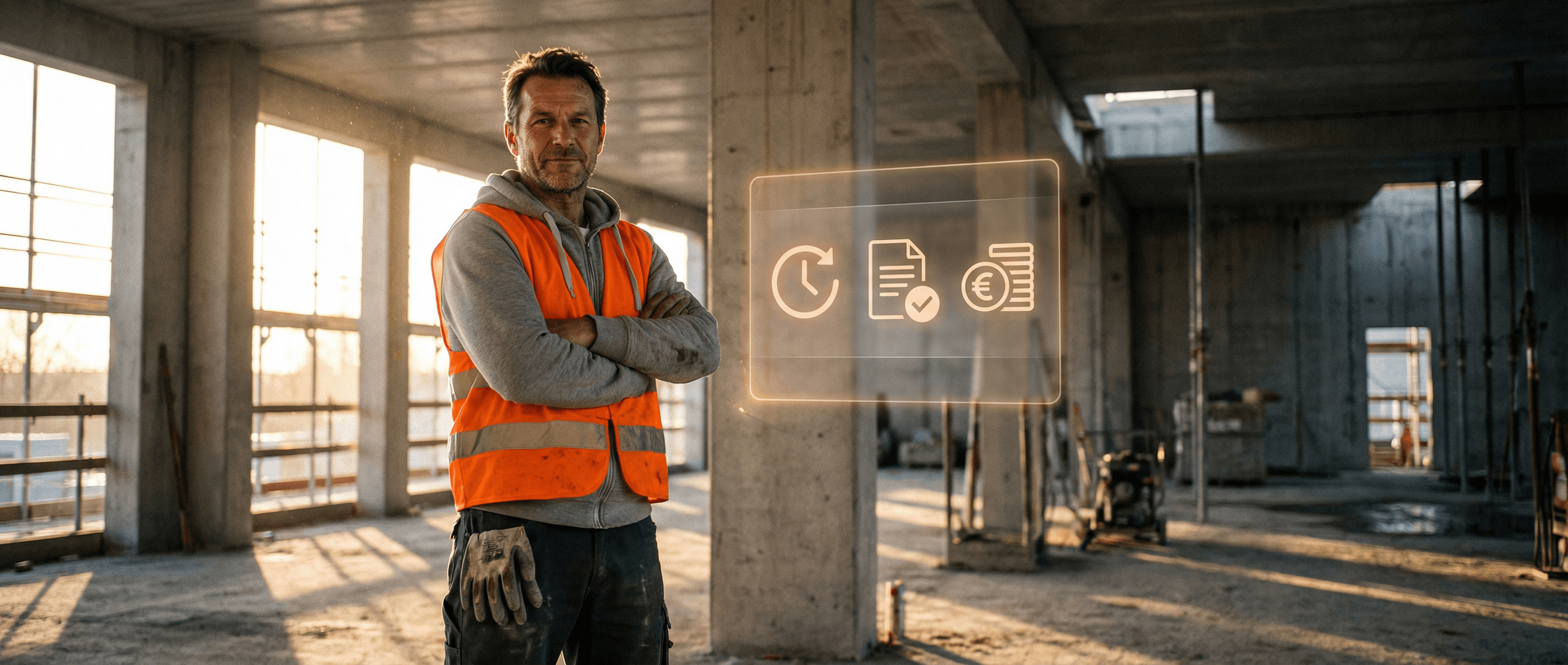 Deutscher Bauunternehmer mit KI-Interface auf einer Baustelle