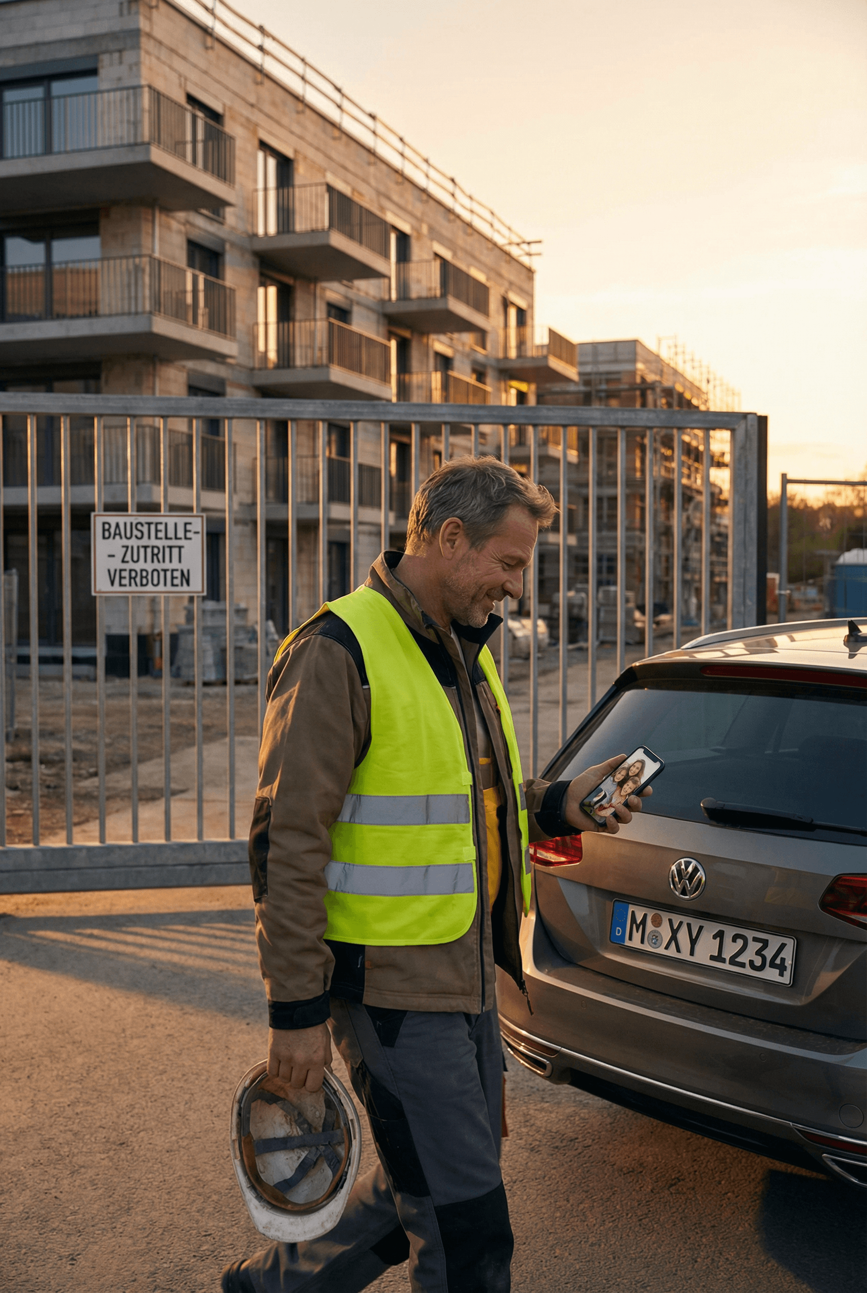 Glücklicher Handwerker verlässt die Baustelle pünktlich